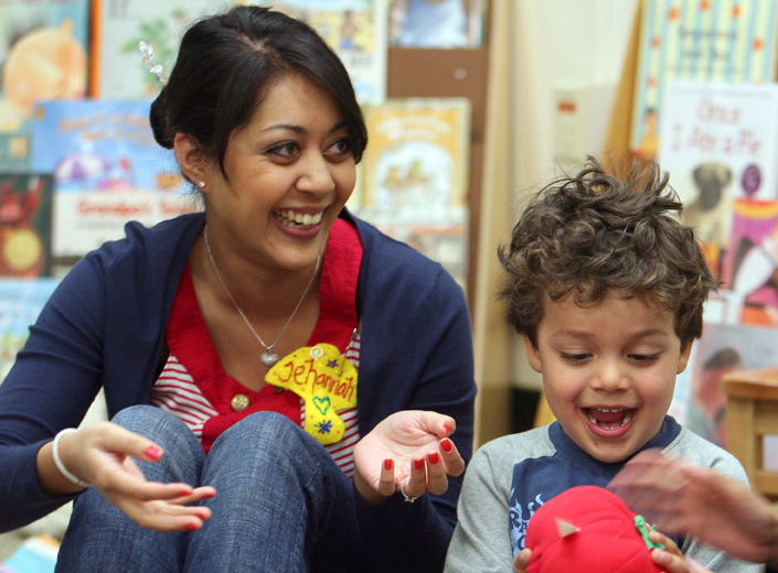 CHAD SJSU Preschool Lab. Woman of Latinx descent interacts with male toddler.